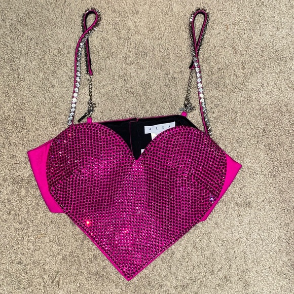 AREA Embellished Stretch Wool Heart Crop Top Fuchisia - Picture 7 of 9